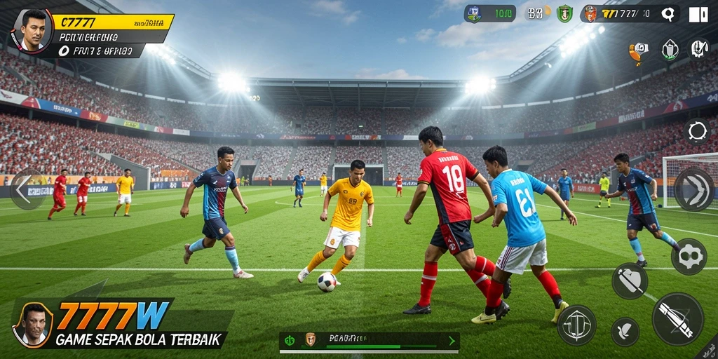 Tampilan gameplay menegangkan di 7777W dengan aksi sepak bola yang seru.
