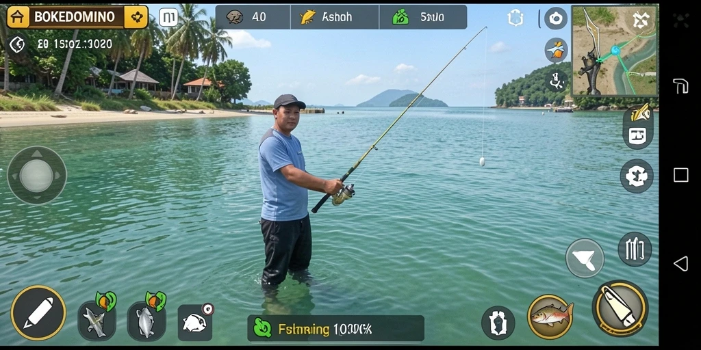 Screenshot BOKEDOMINO menampilkan pemain menangkap ikan di laut biru yang indah.