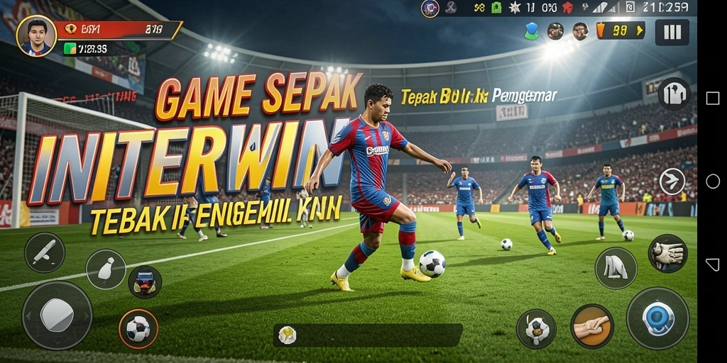 Tangkapan layar gameplay <strong>INTERWIN</strong> dengan aksi sepak bola yang mendebarkan.