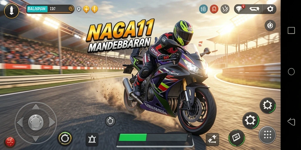 Screenshot gameplay NAGA11 menunjukkan balapan motor yang mendebarkan di trek kota.