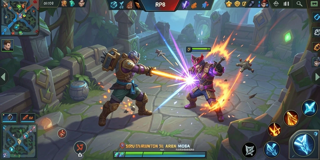 Tangkapan layar gameplay RP8 yang seru di arena MOBA.
