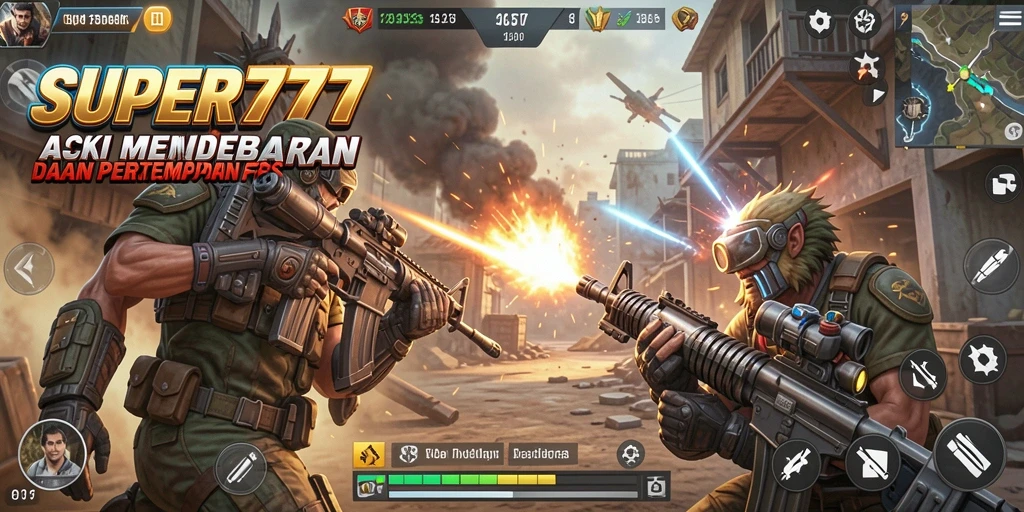 Tangkapan layar SUPER777 menampilkan aksi seru di pertempuran FPS.